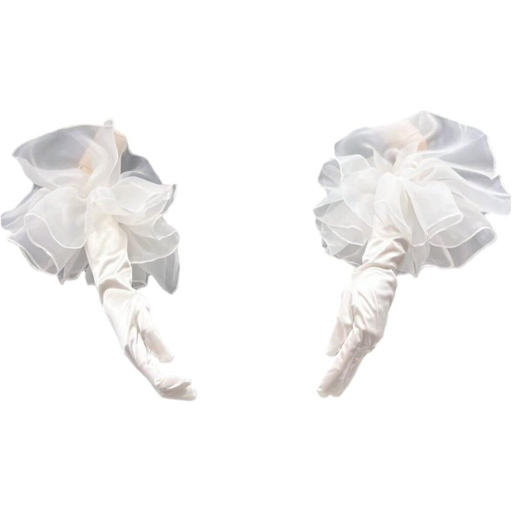 Women's Ruffle White Tulle Trim Mesh Long Gloves Wedding Opera Party Prom
